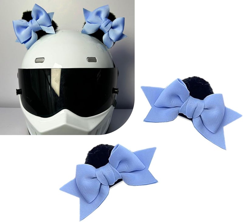 SLIMI 2 PCS Bow Helmet Decoration, Cute Plush Cat Ears Bow Helmet Decor, Self-Adhesive Motorcycle Helmet Accessories for Women (Blue) - Image 1